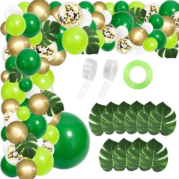 134 бр. балон за парти в джунглата, арка, зелен балон, украса от изкуствени тропически палмови листа за партито в чест на рождения Ден