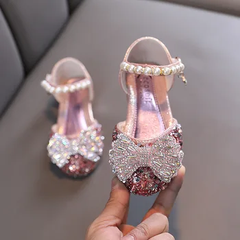 AINYFU/Сандали с пайети и лък за момичета; Летни детски сребристо-розови вечерни сватбени обувки; Детски сандали Принцеса с перли и кристали;
