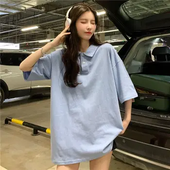 DAYIFUN, обикновена минималистичные тениски, Дамски корейски тениски със средна дължина с къс ръкав, Женски универсална тенденция на летните върхове с ревери 2023