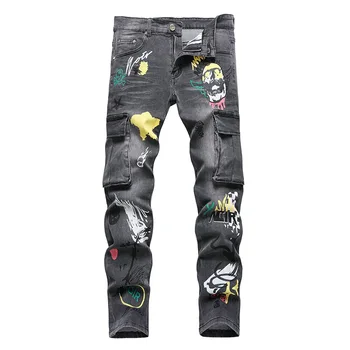 Harakuju Cargo Y2K Дънкови панталони с принтом, Мъжки плътно Прилепнали Дънкови панталони в стил хип-хоп, Градинска облекло за мъже, с много джобове