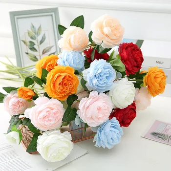 Божур с 3 Глави, Изкуствени цветя, Коприна роза, изкуствени цветя за сватбена декорация, Направи си сам, интериор за дневната, домашно плот