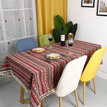 Бохемската покривка от памук и лен, правоъгълна покривка с пискюли в етнически стил за хранене и престой в семейството, водоустойчив и маслостойкая
