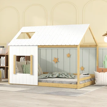 Бяла + естествена домашна легло с покрив и прозорец-Мебели за дома в пълен размер