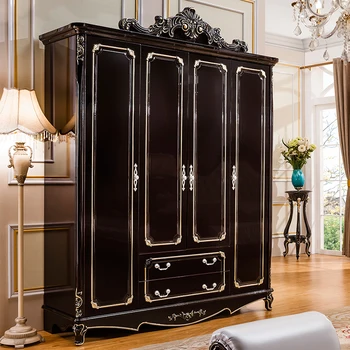 Гардероб в европейски стил, четырехдверная спалня, луксозен издълбани тъмен шкаф, шкафове от черно дърво в събирането на