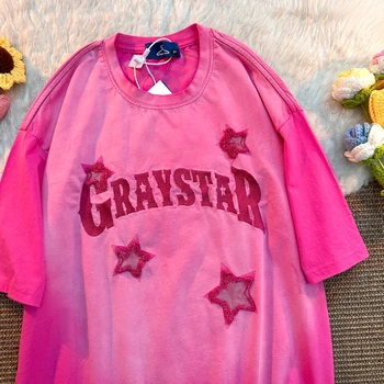 Дамски памучен риза с бродерия във формата на звезди и букви, Лятна Реколта тениски за жени, Върхове Y2k, Тениска с къс ръкав, Градинска облекло