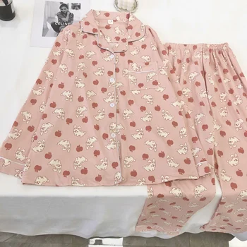 Дамски памучни пижами, Пролетно-есенна пижама с дълъг ръкав, Женски розов костюм с панталони-зайци, комплект от две части, пижами