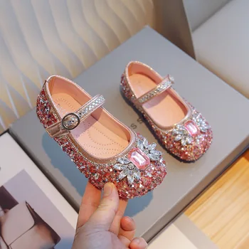 Детски обувки с кристали; Обувките Мери Джейн за момичета; Вечерни Сватбени Меки Модерни Детски Обувки на Принцесата С кристали; Сладко Нескользящая