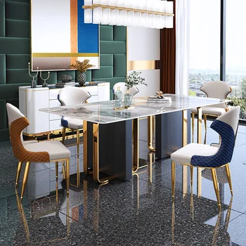 Домашен лампа, луксозна маса за хранене и стол, комбинация от светло шисти в гонконгском стил, модерен минималистичен италиански стил.