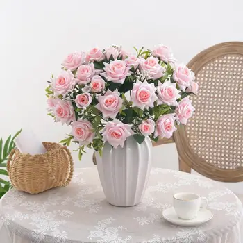 Изкуствени цветя, Букет от изкуствени рози, 7 глави, Точност, Не се изисква увехнали или поливане, декор за сватбени партита, реквизит за снимки на закрито
