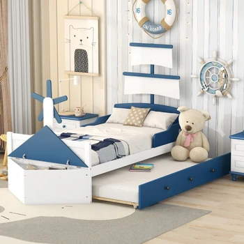 Легло във формата на лодка двоен размер, Забавно легло на платформа с уникален дизайн с багажником двоен размер, Двойно легло с място за съхранение на вещите за детска спалня