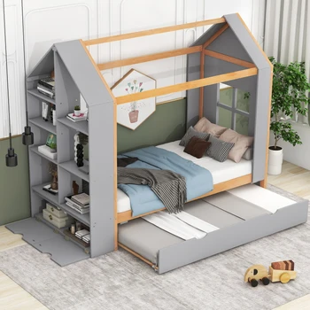 Легло-платформа за дома двойно по размер с рафтове за съхранение и багажником двойно по размер за лесно пренасяне, лесен за монтаж За мебели за спални