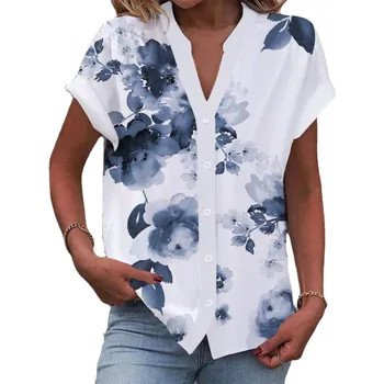 Лятна Мода Женска тениска с V-образно деколте и къси ръкави, Реколта тениска с флорални принтом, Дамски Безплатна