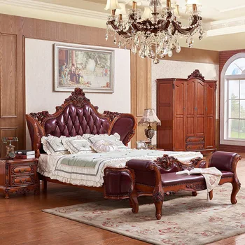 Мебели за спалня, европейската легло принцеса, спалня, луксозно легло за младоженци, масив, дърво, кожа, американската легло