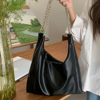 Модерна дамска чанта-тоут от мека изкуствена кожа, дамски чанта от веригата през рамо, женствена чанта за пътуване до работа, подмышечная чанта с джоб