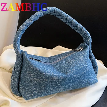 Модерни плетени чанти-тоут с къса дръжка, меки дънкови чанти през рамо за жени, трендови дамски чанти за пътуване 2023, чанти под мишниците