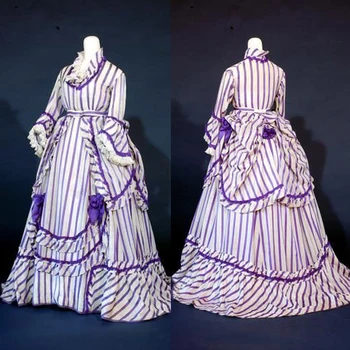 Модно рокля във викториански стил през 1860-те години, Жена Класическа рокля в лилаво ивица, Дълга Викторианска рокля за възрастни, Фантазийный празничен костюм