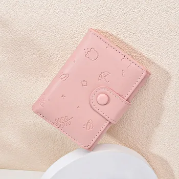 Нов мил женски портфейл от изкуствена кожа Ins с кратки анимационни принтом, однотонная малка чанта за картички, мултифункционален трислоен портфейл