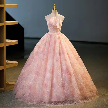 Нова Бална рокля с цветя модел, Дамски Секси Кривата рокли без презрамки и дължина до пода, в Елегантна пищни рокля за бала, без ръкави, сшитое по поръчка