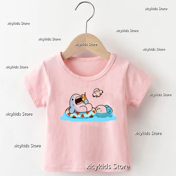 Нова тениска за момичета, Хубава тениска с изображение на Акула в стил Kawai, Модна тениска с кръгло деколте, Забавна Детска тениска с принтом Японски Аниме
