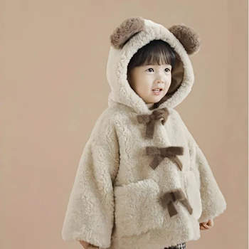 Палта за момичета с качулка, Новост Зимата 2023 г., Модни плюшени универсални Дневни Детски блузи с лък за момичета, Скъпа Корейска Версия
