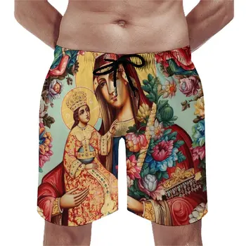 Плажни шорти Virgin Mary, Лятна Кралица на цветя, Красиви плажни къси панталони, Мъжко спортно облекло, бързо съхнещи графични топене