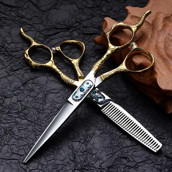 Салонные ножици за коса 6-инчов плосък ножици от неръждаема стомана с бретон, ножици, с фини зъбци, специални ножици за фризьорски салон.