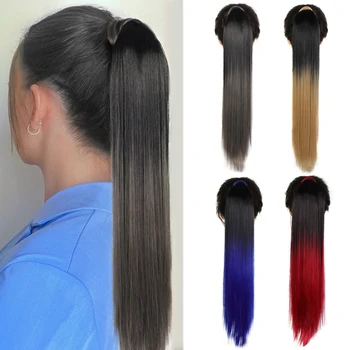Синтетичен Дълга Права опашка, черно Градиентный сиво, за удължаване на косата във формата на конска опашка, увити около Щипки за коса, за удължаване на косата във формата на конска опашка За жени