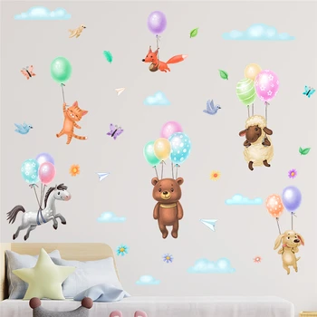 Щастливи животни, висящи на колоритния балон с горещ въздух, стенни стикери за декорация на дома, Мультяшное Сафари, стенно изкуство, стикер за детска стая, плакат на PVC