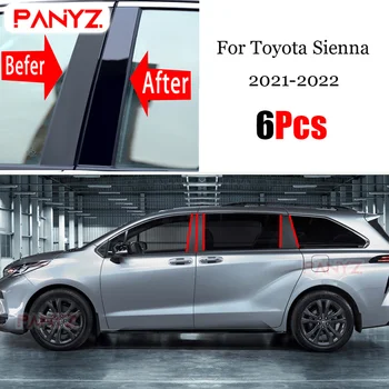 6 бр. Черни полирани стелажи, подходящи за Toyota Sienna 2021 2022, тампон върху прозореца на колата стикер на колона BC, хром стайлинг