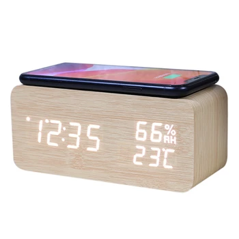 Digital alarm clock alarm clock температура и влажност на въздуха Led електронни часовници Безжично зарядно за смартфони (цвят на дървото)