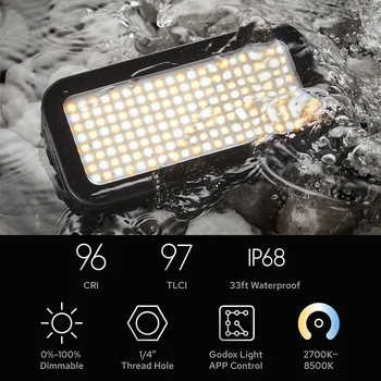 Godox WL8P LED Video Light Заполняющий светлина за снимане IP68 Водоустойчив 2700K-8500K с регулируема яркост CRI96 + подводен запис на видео