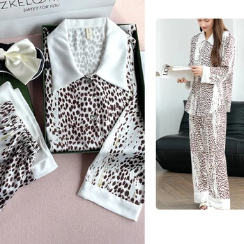 QSROCIO/дамски пролетно-есенна коприна пижама, пижама с дълъг ръкав, комплект дрехи за дома, модни луксозни пижами с леопардовым принтом