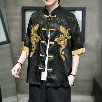 Sinicism Мъжки костюм с бродерия Дракон, тангсьют, Традиционната китайска облекло за мъже, риза със средния ръкав, блузи, яке Hanfu, Реколта