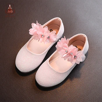 Yoliyolei/ Детски обувки с аппликацией и перли за момичета, Кожена Принцеса 2023, Удобни вечер танцови обувки подметка с кръгло бомбе