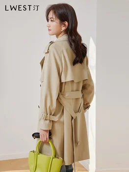 Ветровка цвят Каки, Женски Пролетта рокля 2023, Ново Корейското Двубортное палто със средна дължина, с директен талия