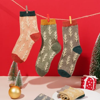 Вълнени чорапи за бременни Есен Зима Коледно Дърво, Цветни чорапи Сгъстено Топли Модерни Коледни подаръци чорапи със средна дължина