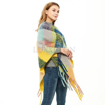 Дамски елегантни вязаная шал-пончо с ресни, пуловер-решетка с V-образно деколте, Пуловер, наметало, Подаръци за жени, шалове и шалове