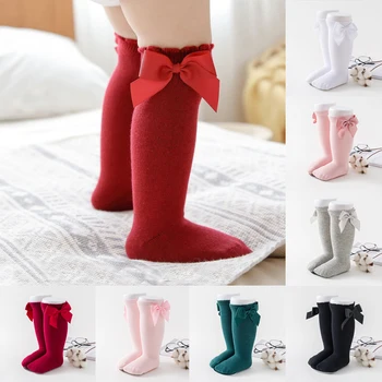 Детски Чорапи за момичета с лъкове, Чорапогащи Принцеса до коляното Чорапи за момичета, Прекрасни Памучни чорапи за новородено, Дълги чорапи с бантиком във формата на тръба, Детски чорапи за деца
