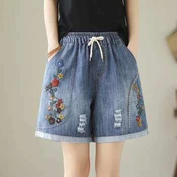 Дънкови къси панталони с бродирани, за жени, летни къси панталони от деним в японски стил с еластична гумена лента за кръста, сини цветя, дънкови шорти с бродерия y2k