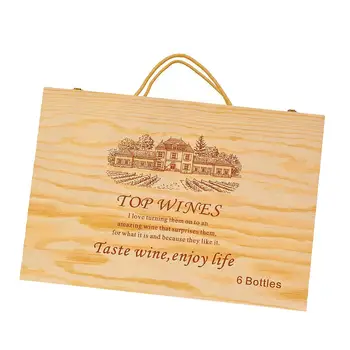 Дървени вино кутия с дръжки, Декоративна поставка за вино с капацитет шест празнични бутилки