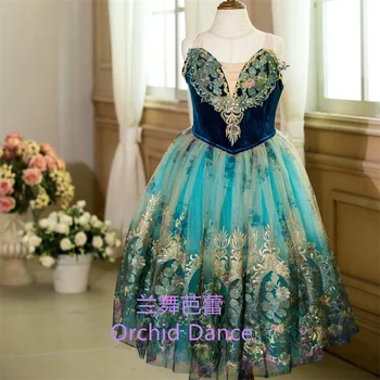 Елегантен модел за момичета, индивидуални размери, индивидуален цвят, предпрофессиональная облекло за изказвания, Павлинье зелено романтично балетное рокля-пакетче