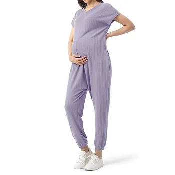 Жена едно парче гащеризон с цип за бременни, Ежедневни свободни тела с къс ръкав и V-образно деколте за бременни