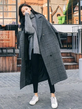 Зимно дамско яката на палтото 2023 Година, ново есенно-зимно палто с отложным яка, Темпераментное палто, Женствена вълна палто в клетката голям размер за възрастни хора