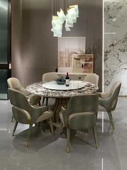 Италиански лесен луксозна кръгла маса, домакински мраморна маса с поклащайки масата, висококачествена комбинация от масата за хранене и столове от масивно дърво