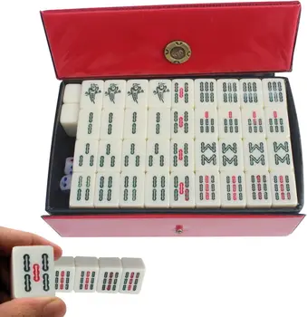 Комплект за игра на Маджонг, Набор от Плочки Mahjong 144ШТ, зарчета 2 ЕЛЕМЕНТА и Кожен калъф За носене на Традиционните китайски Игри за Партита Mahjong, Твърди