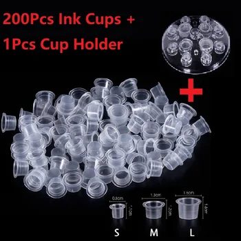 Комплект контейнери за мастило за микроблейдинга Татуировки, 200 бр. еднократни пластмасови чаши за пигмент + 1 бр. Акрилен поставка за чаши, аксесоари за перманентната татуировки