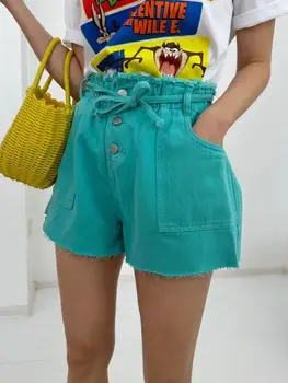 Корейски дънкови къси панталони с висока талия и еластичен колан дантела, дамски летни дънкови къси панталони с основния джоб на копчета За жени, универсална градинска облекло