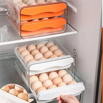 Кутия за съхранение на яйца с 32 Мрежи, Хладилник, Прозрачен Контейнер за яйца с двоен чекмедже, Държач за яйцата на домашната Кухня, сив