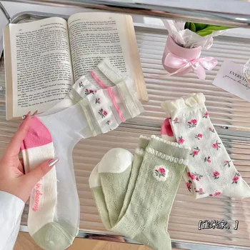 Летни дамски чорапи с цветен модел, Тънки Прозрачни чорапи със средна дължина, Японски Сладко-розови чорапи със средна дължина, Пресни чорапи в стил колеж
