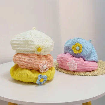 Модерна детска шапчица, необходимо за момичета, Елегантен Сладък цвете, мека лека френска художничка, Топлите шапки-бини за зимните бебета